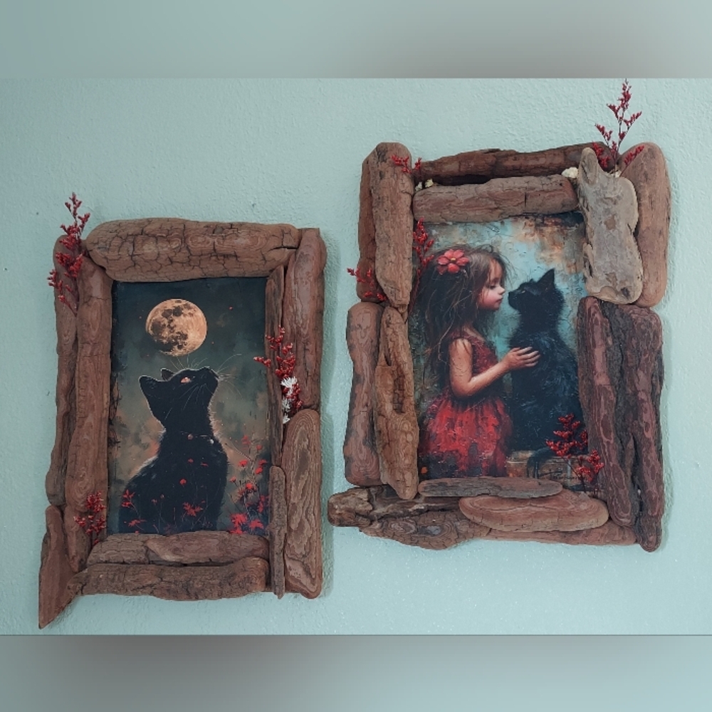Rustic Wood & Canvas Girl & Black Cat Wall Art Set in Red and Black